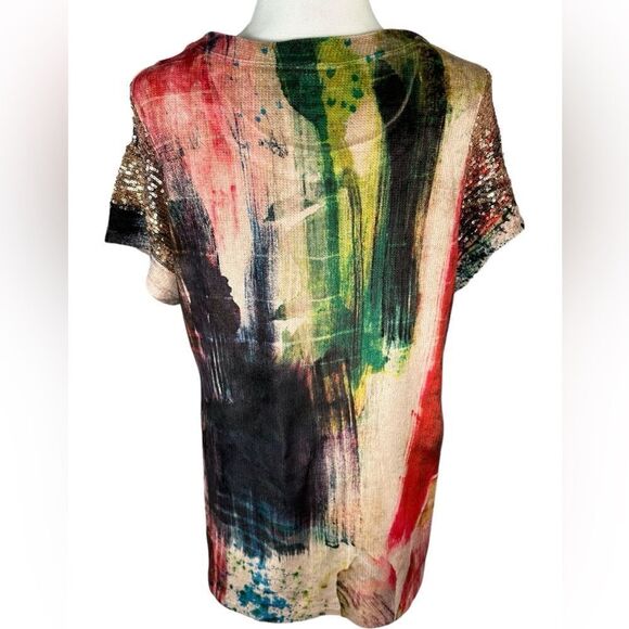 Top Ligne Tan & Red Watercolor Sequin Short Sleeve Knit Top - Picture 5 of 7